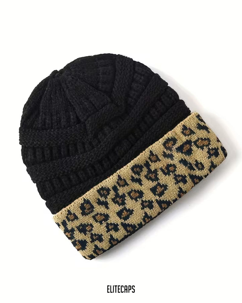 Unisex Black & Leopard knitted Beanie - B0137