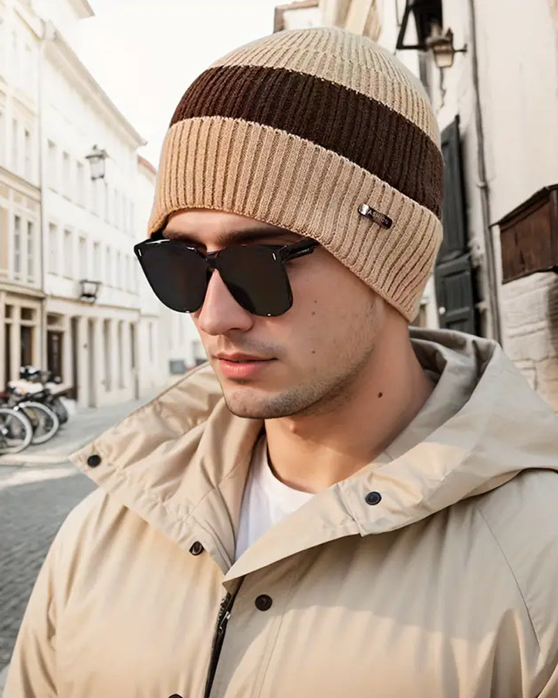 Beige Contrast Knit Beanie - B0123