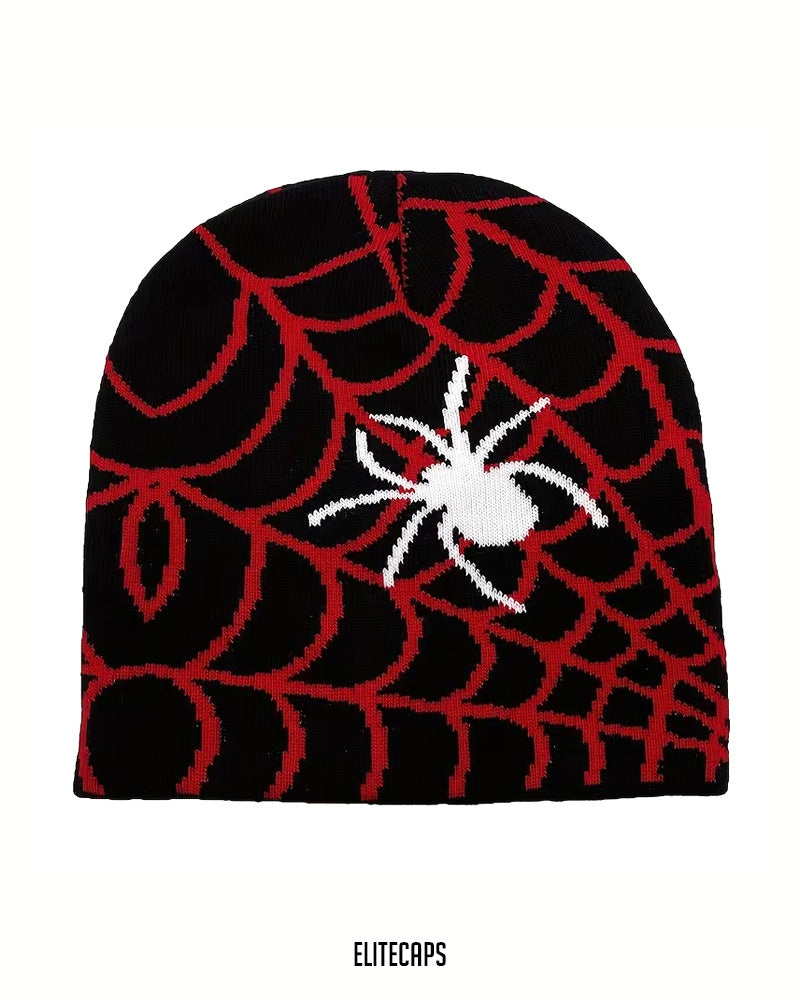 White Spider Jacquard Black Beanie - B0135