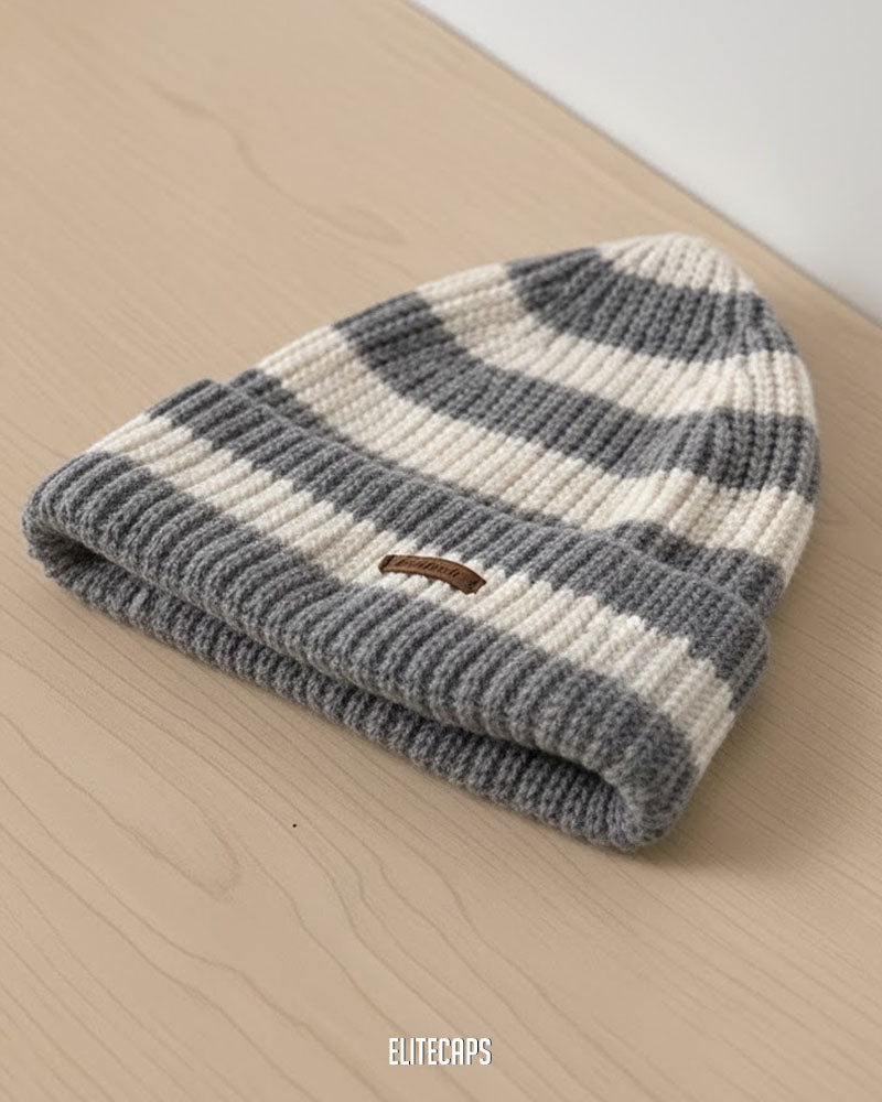 Light Grey & Cream Striped Knit Beanie - B0119
