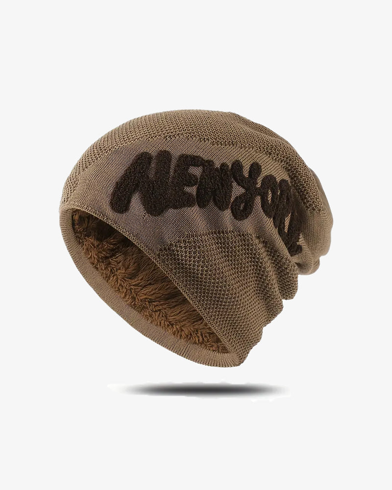 Brown "New York" Fleece-Lined Knit Beanie - B0125