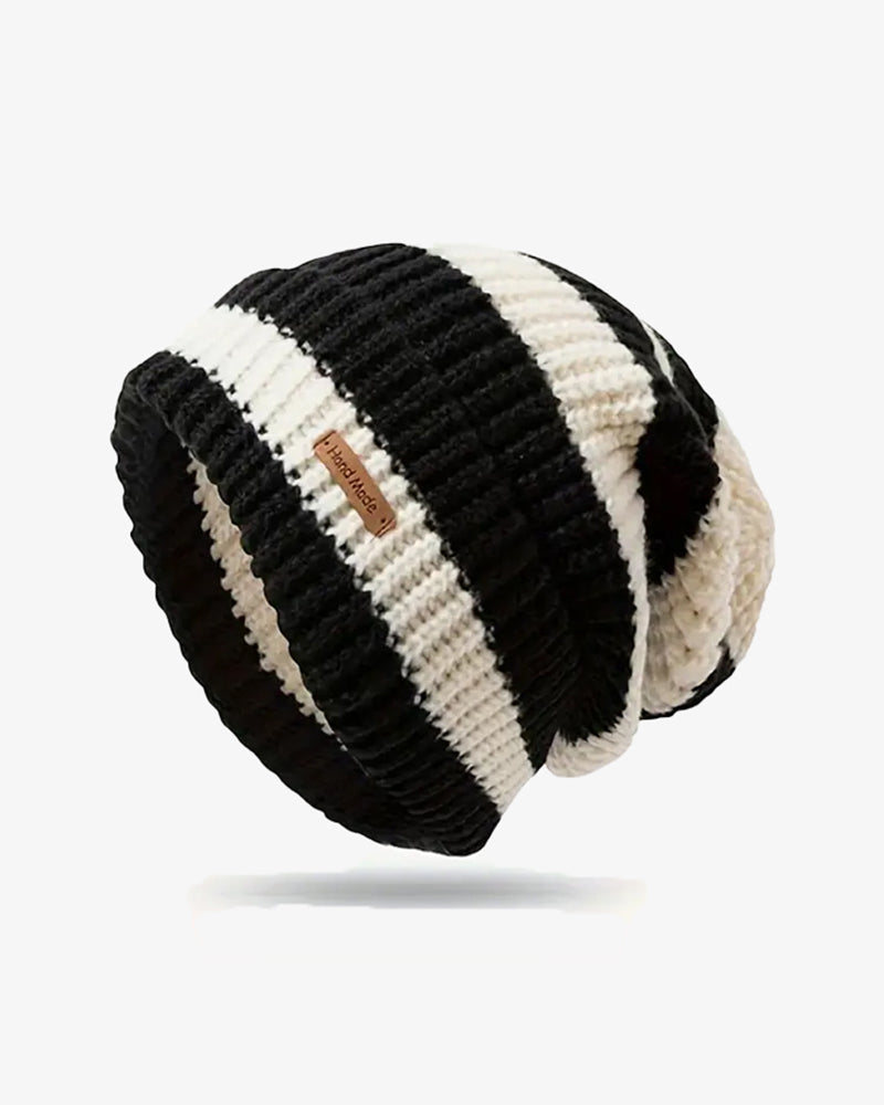 Black & Beige Striped Knit Beanie - B0113