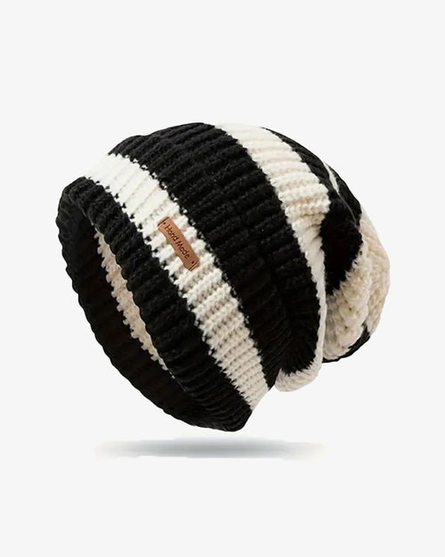 Black & Beige Striped Knit Beanie - B0113