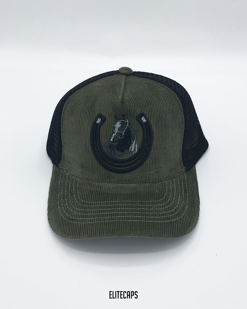 Horse Embroidered Corduroy Trucker Cap - C0355