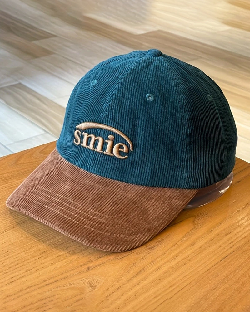 Smile Embroidered Two-Tone Corduroy Cap - C0247