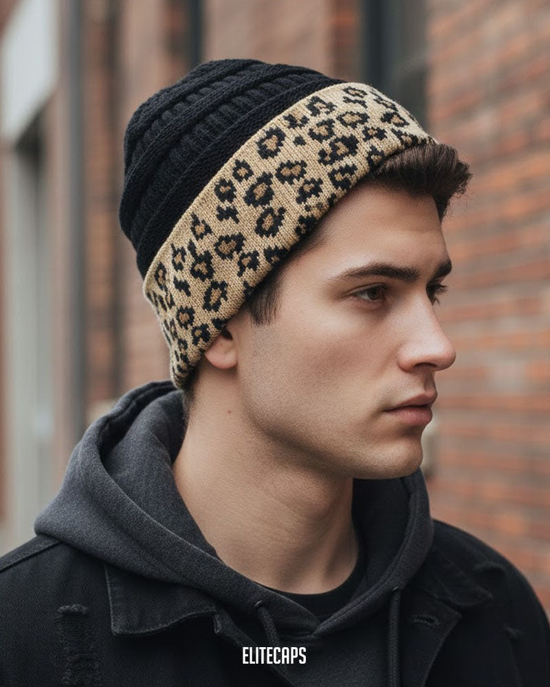 Unisex Black & Leopard knitted Beanie - B0137