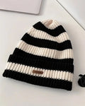 Black & Beige Striped Knit Beanie - B0113