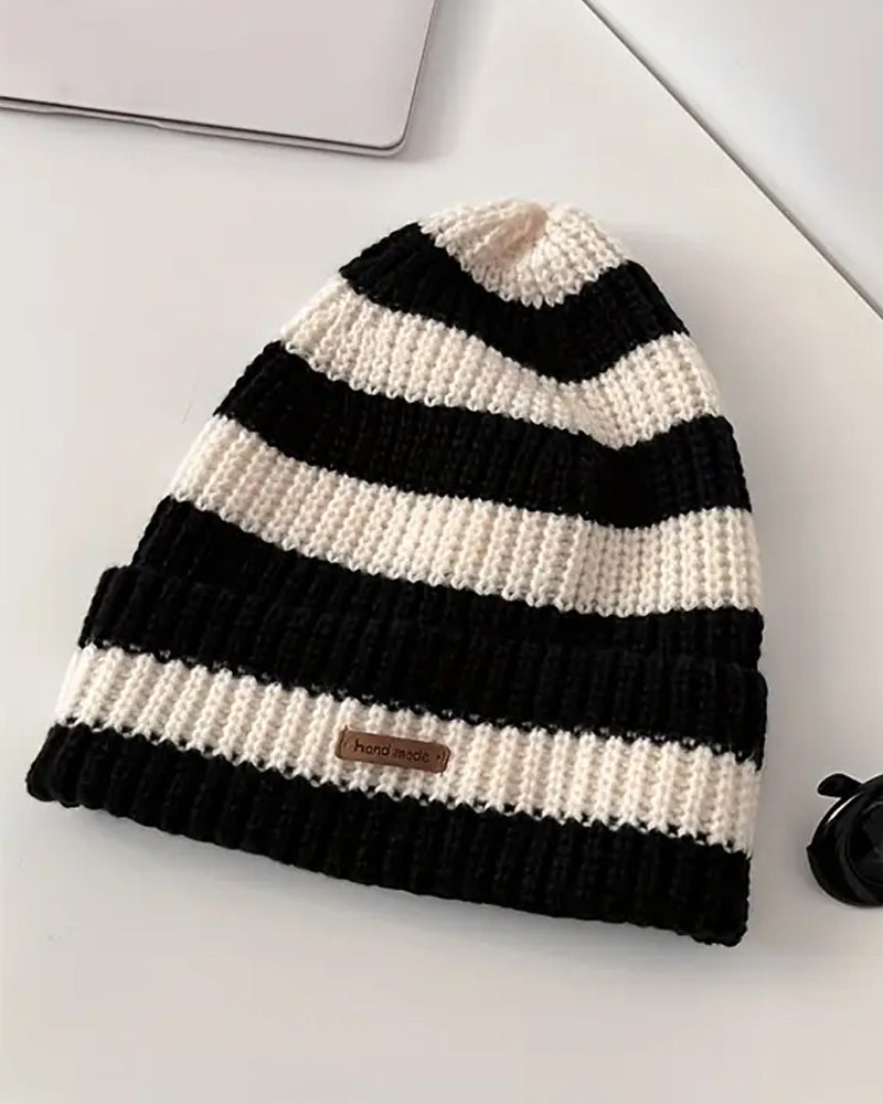 Black & Beige Striped Knit Beanie - B0113