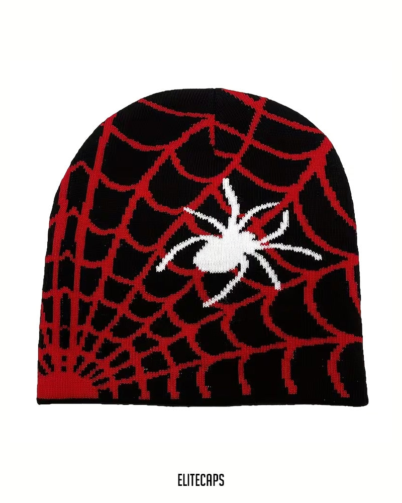 White Spider Jacquard Black Beanie - B0135