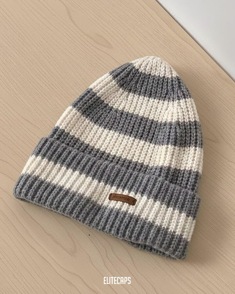 Light Grey & Cream Striped Knit Beanie - B0119