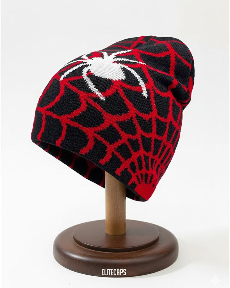 White Spider Jacquard Black Beanie - B0135