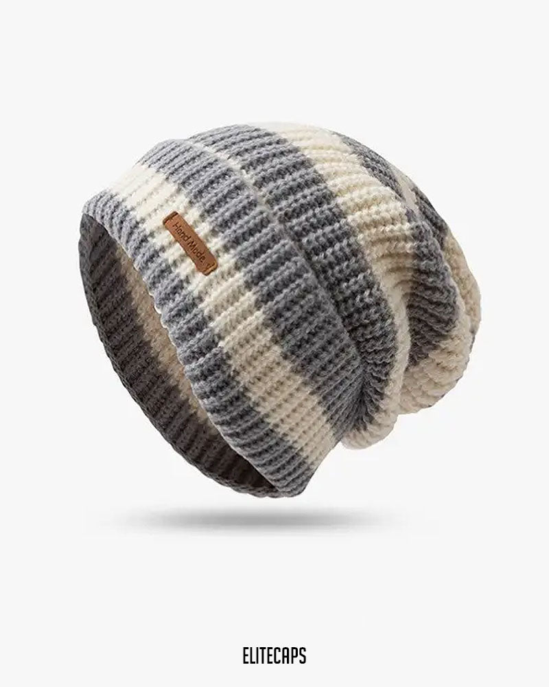 Light Grey & Cream Striped Knit Beanie - B0119