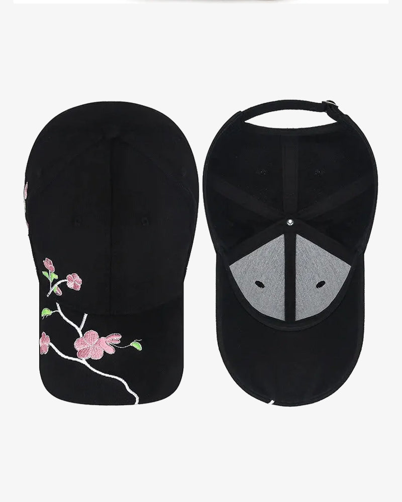 Floral Embroidered Black Baseball Cap - C0145