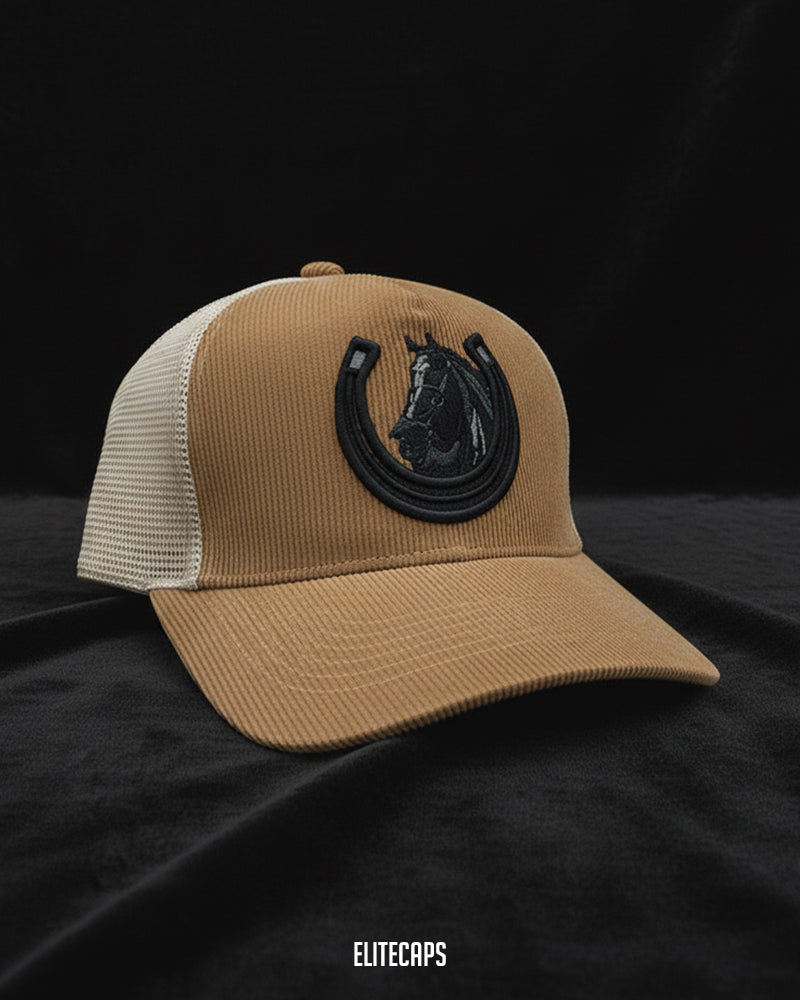 Horse Embroidered Corduroy Trucker Cap - C0355 - Camel Tone