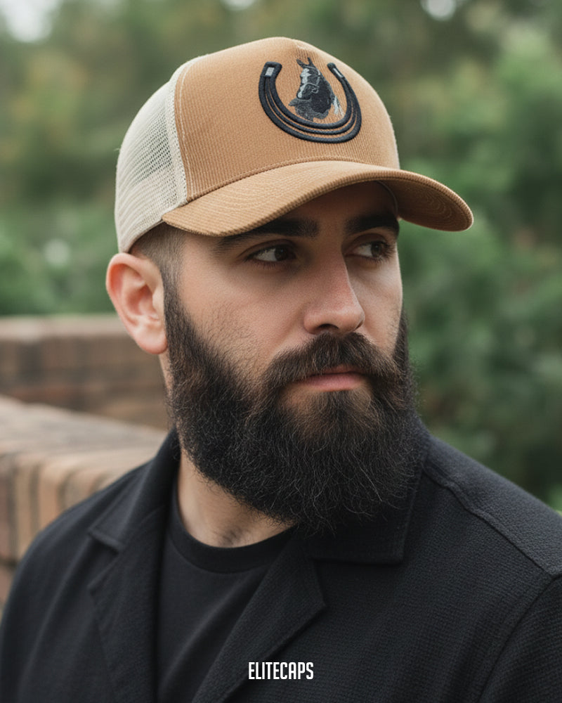 Horse Embroidered Corduroy Trucker Cap - C0355 - Camel Tone