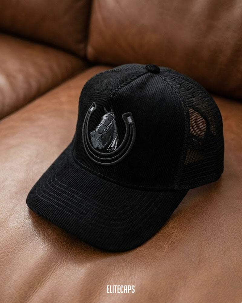 Horse Embroidered Corduroy Trucker Cap - C0355 - Black