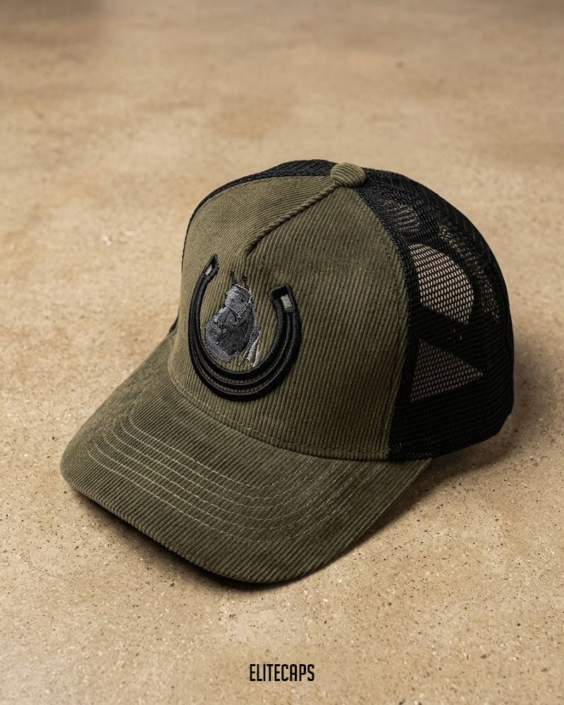 Horse Embroidered Corduroy Trucker Cap - C0355 - Army Green