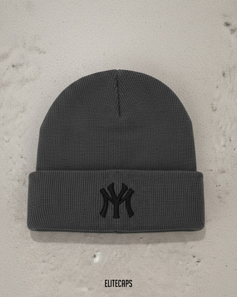 NY Embroidered Grey Soft Knit Beanie - B0115