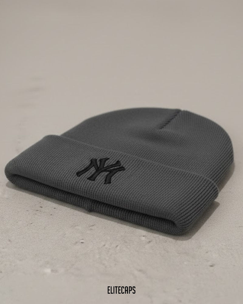 NY Embroidered Grey Soft Knit Beanie - B0115