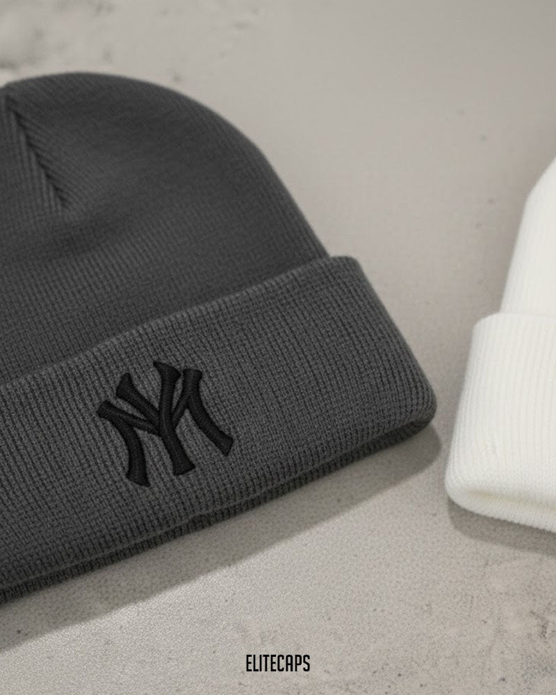 NY Embroidered Grey Soft Knit Beanie - B0115