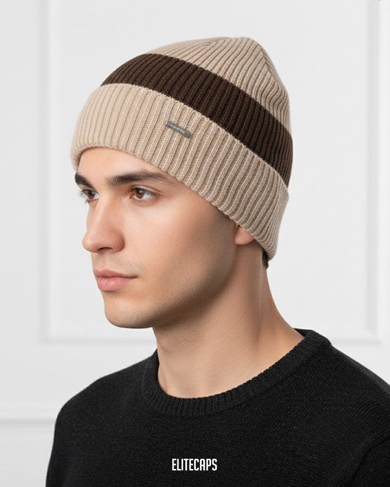 Brown Contrast Knit Beanie - B0123