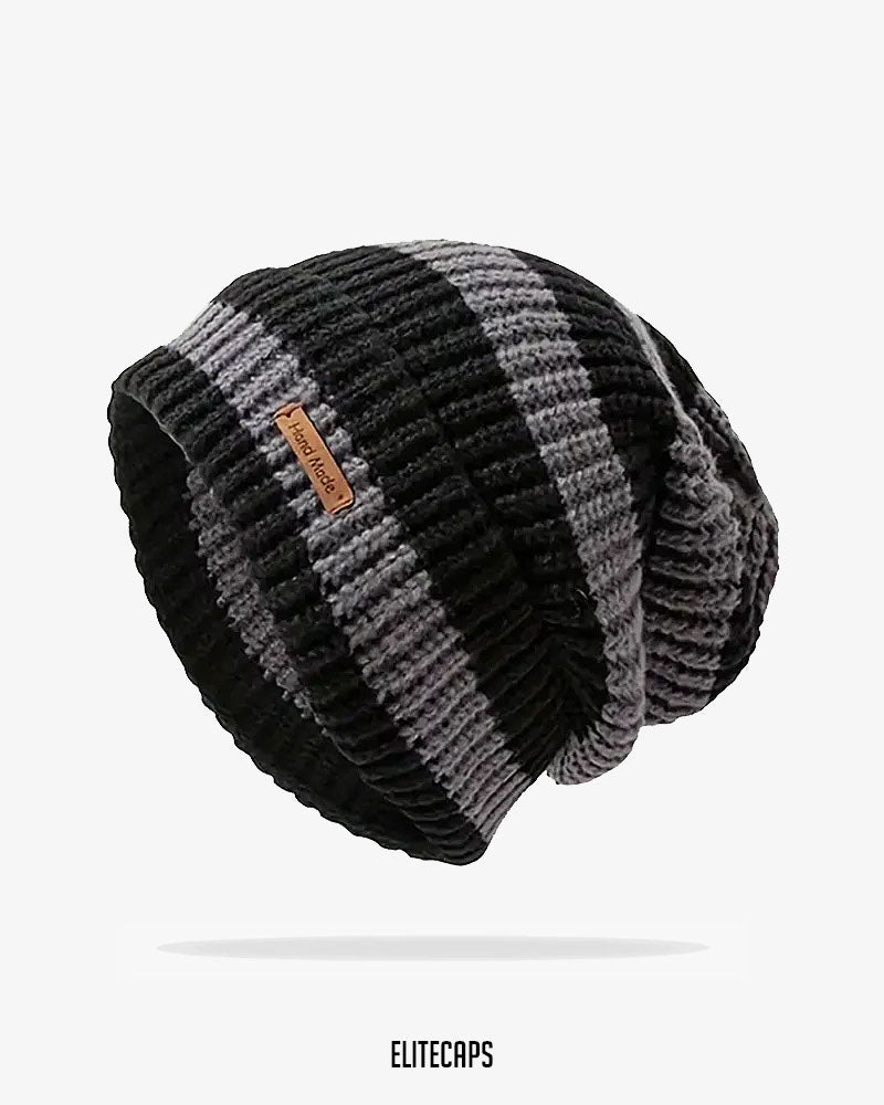 Black & Grey Striped Knit Beanie - B0122