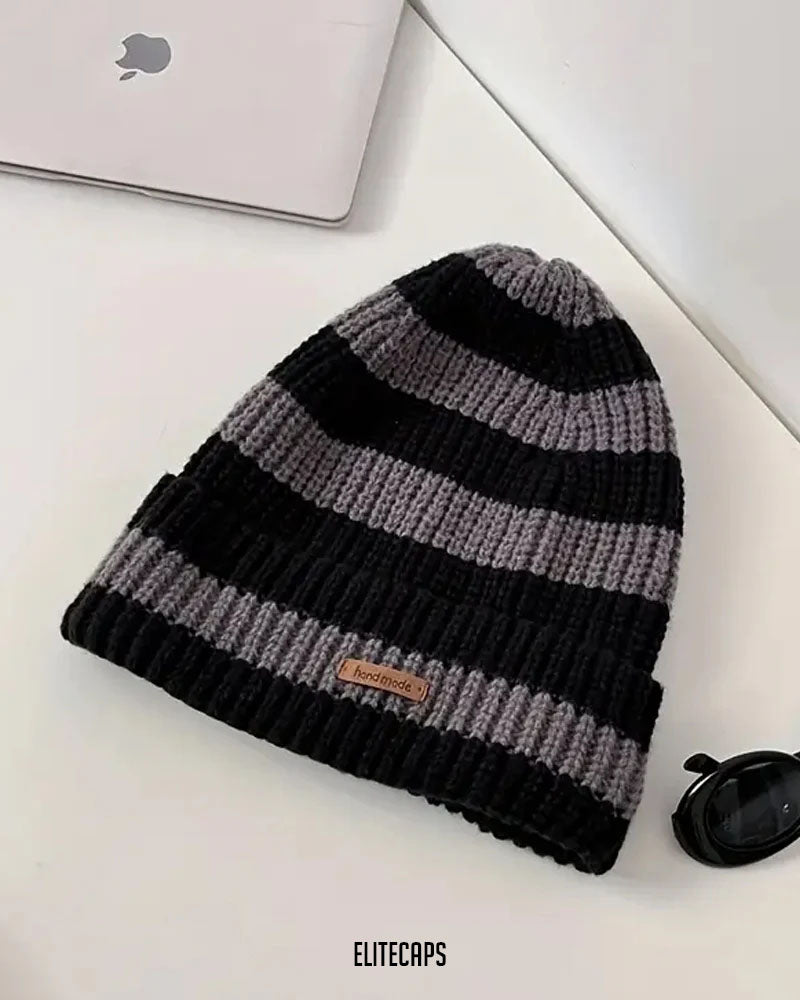 Black & Grey Striped Knit Beanie - B0122
