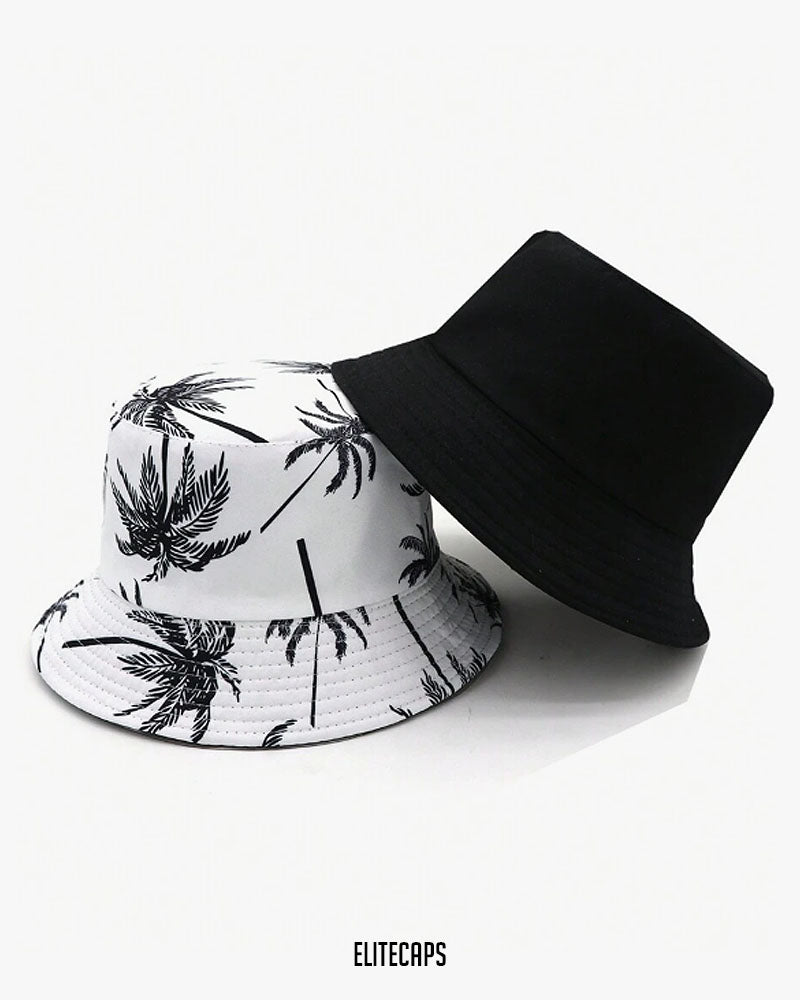 White & Black Palm Convertible Bucket Hat - H0113